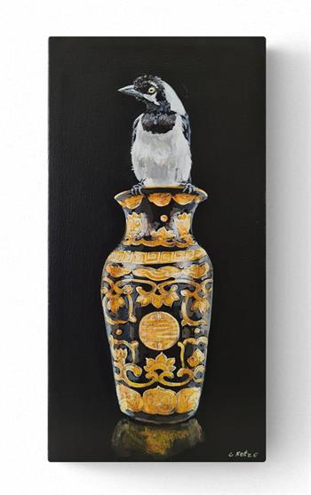 painting of a cape sparrow perched on an antique vase, by Grace Kotze