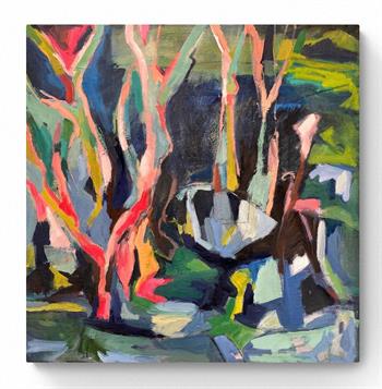 square painting of trees in blues, greens and pinks