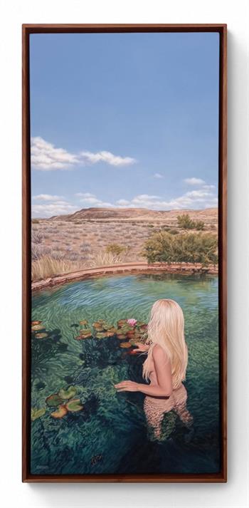 painting of a young woman taking a dip in a Karoo reservoir