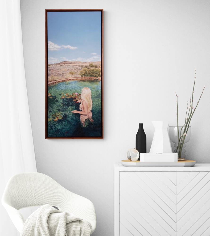 painting of a young woman taking a dip in a Karoo reservoir