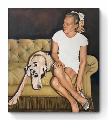 painting of a young woman sitting on a yellow sofa with a dalmation dog