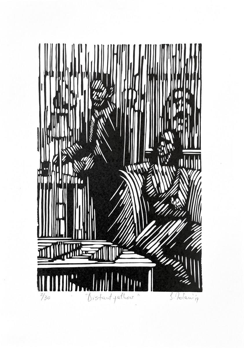 Black and white linocut of a man wearing a suit standing next to a woman seated on a couch.