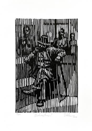Black and white linocut of a seated man wearing a hat