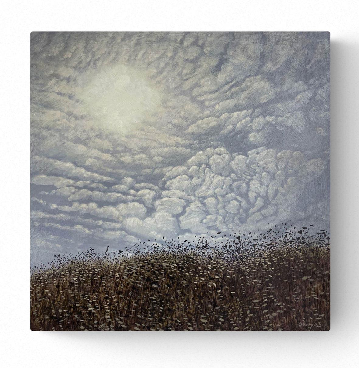 oil painting of a the sun shining through clouds and a landscape