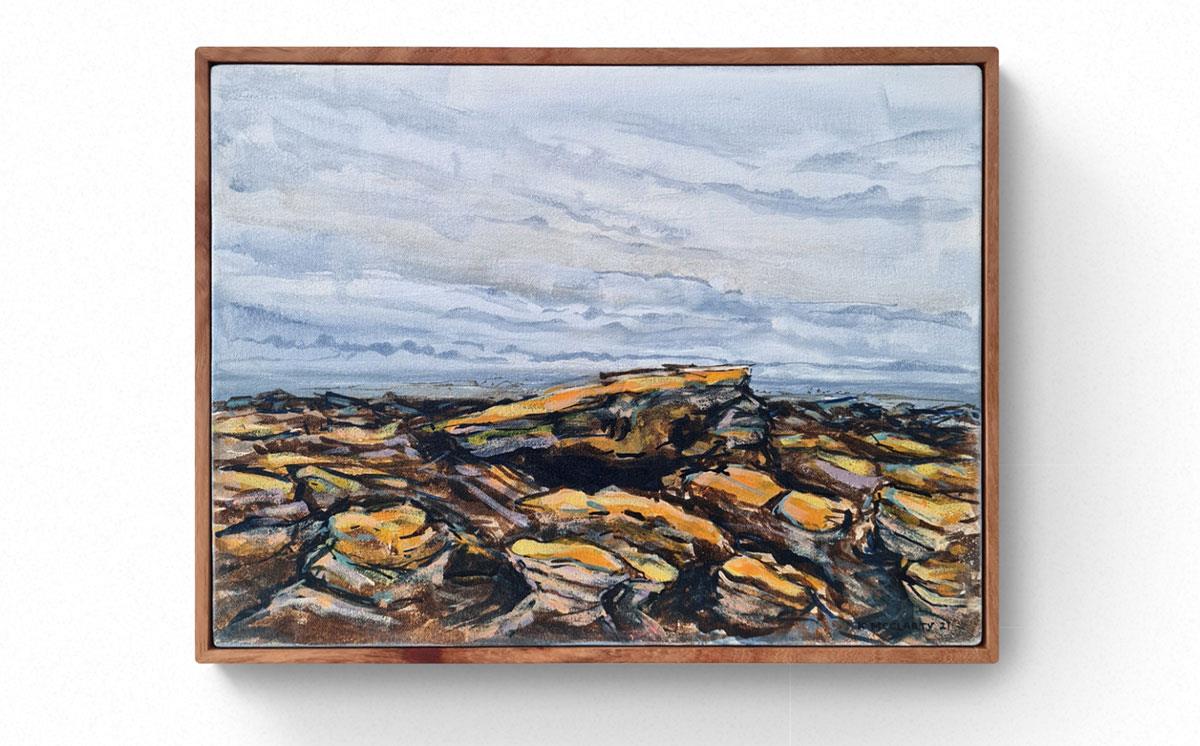picture of a painting of yellow lichen on the rocks of the Kommetjie coastline 
