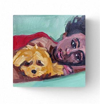 small painting of a girl hugging her dog