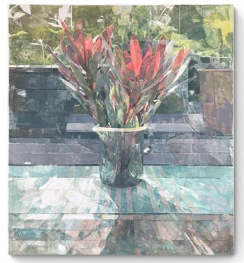 painting of leucadendron flowers in a green enamel jug
