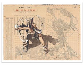 Striking artwork on a Cape Town street map, featuring a crouching man drawing on the ground