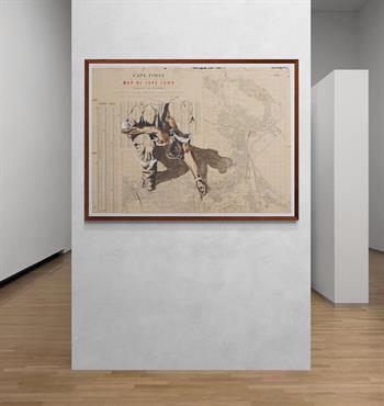 very large picture of a crouching man drawn on top of an old map of Cape Town