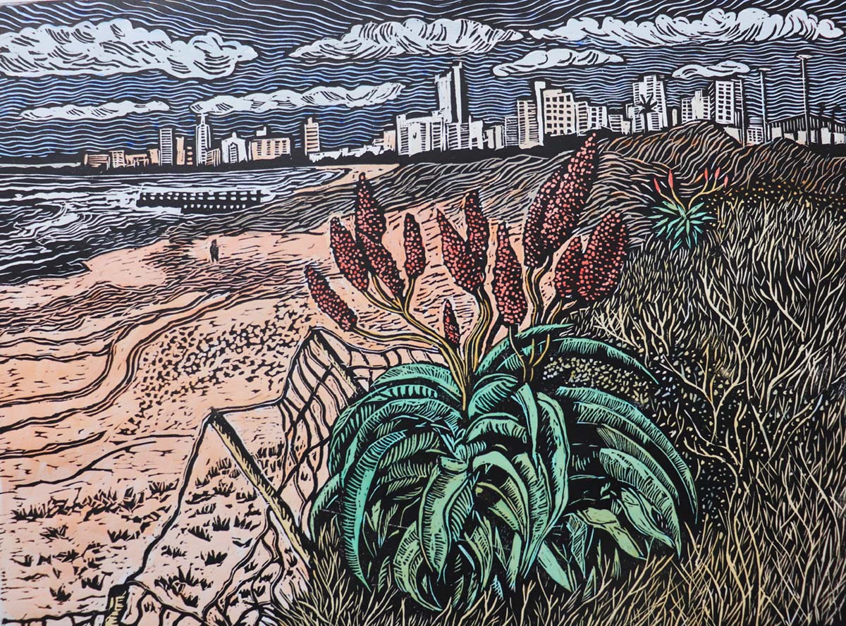 handmade art print of aloes on the beach in Durban, South Africa