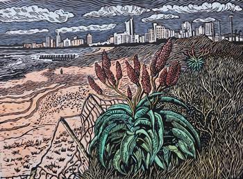 handmade art print of aloes on the beach in Durban, South Africa