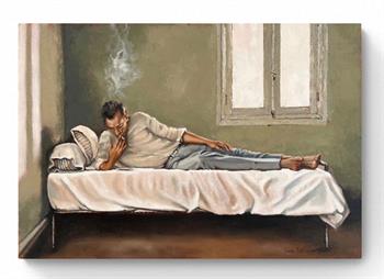 painting by Mila Posthumus of a man lying on top of a bed smoking