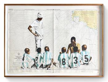 painting by Lisette Forsyth on vintage map of a school soccer team