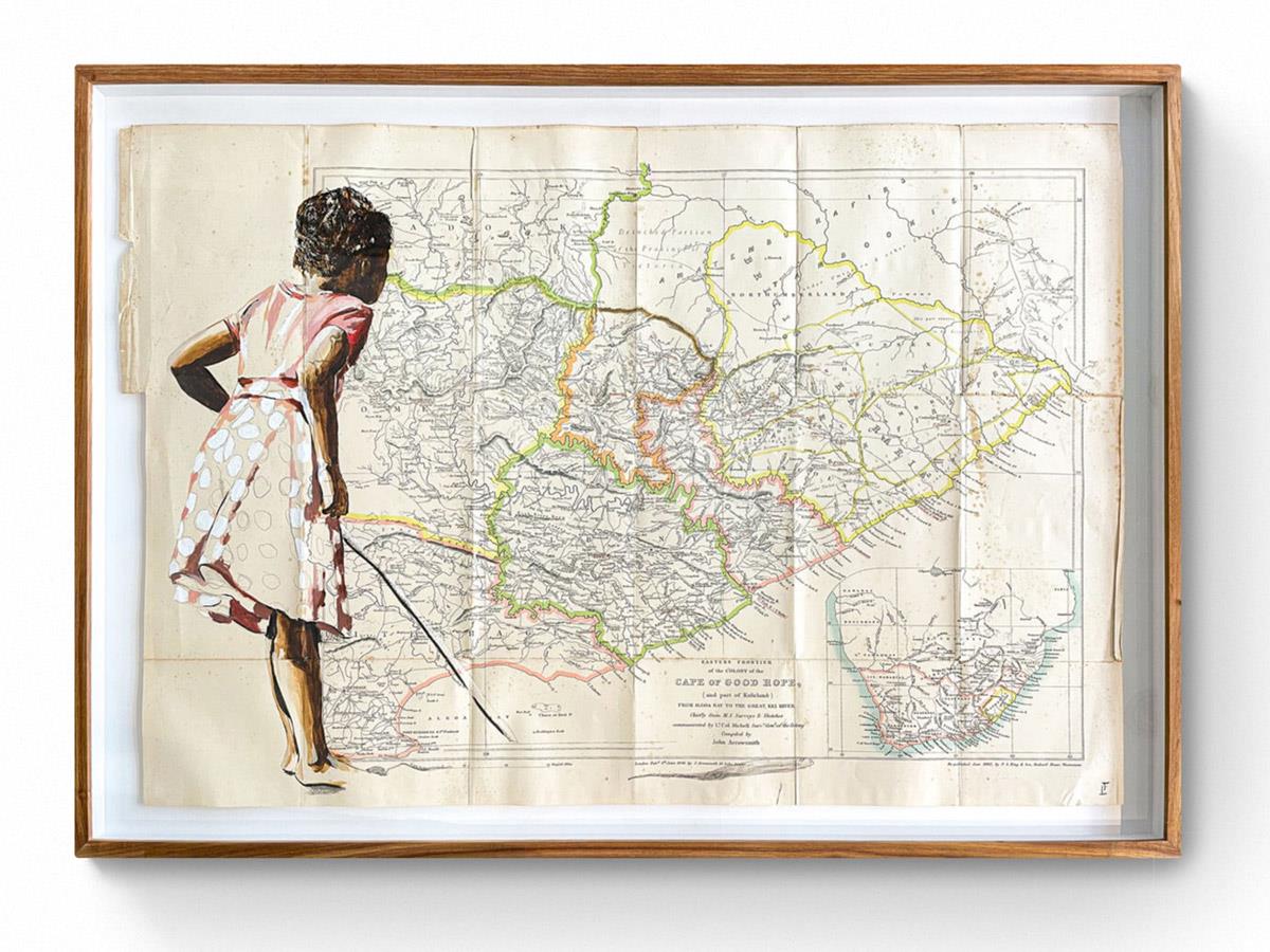 painting by Lisette Forsyth on vintage map of an African girl 