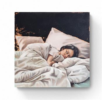 painting by Mila Posthumus of a young woman snuggled up in bed