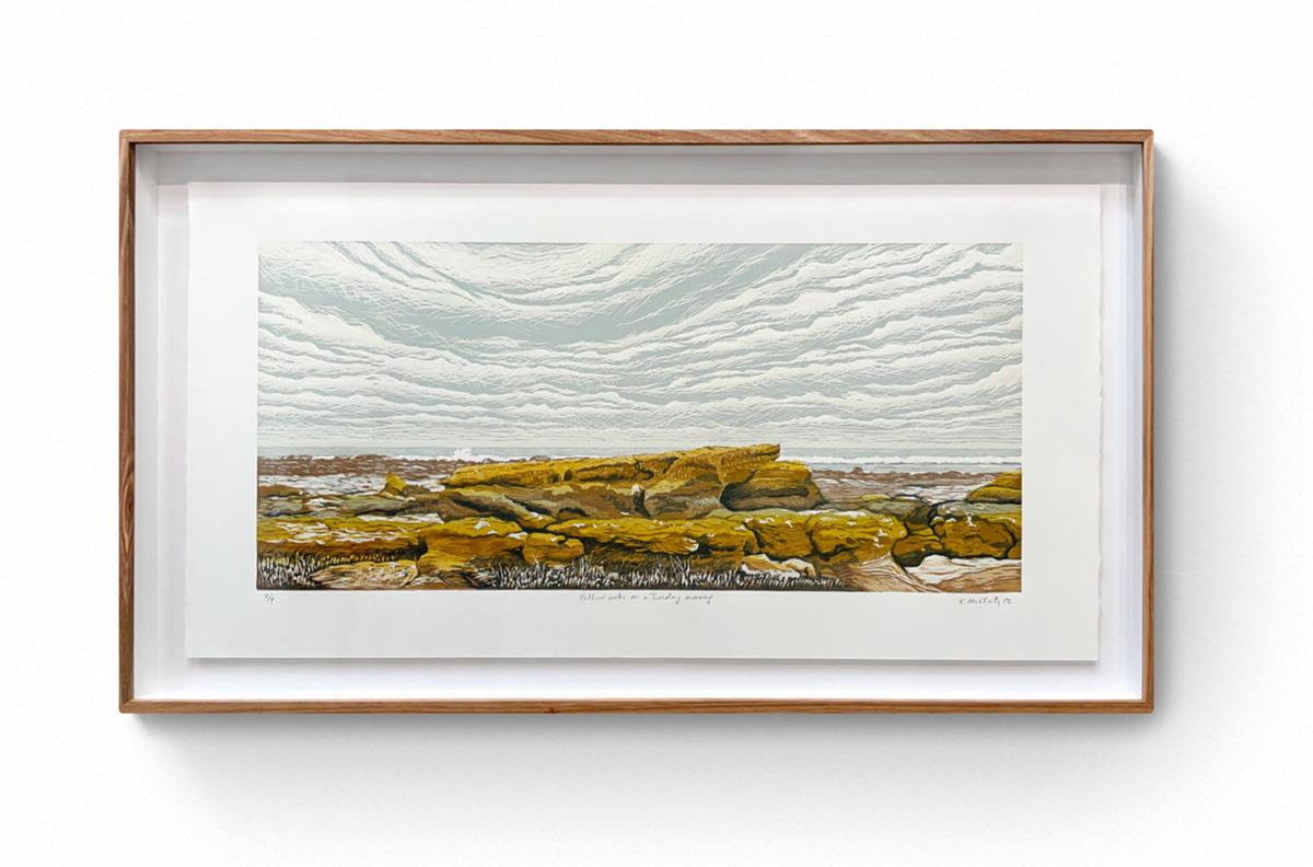 Art print of the coastal rocks covered in yellow lichen in the Western Cape