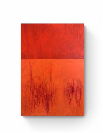 abstract painting on board in vibrant orange and red