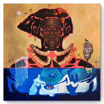 African tribal portrait with mask and bird on yellow background with blue