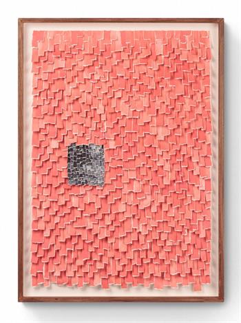 hand-torn paper artwork in a coral colour in wood frame