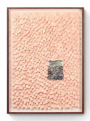 pale pink and grey hand-torn paper abstract artwork in wood frame