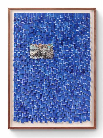 royal blue and grey hand-torn paper abstract artwork in wood frame