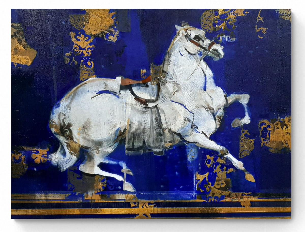 painting of a white horse against a royal blue background