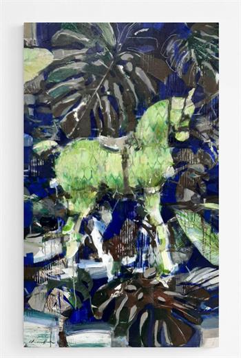 fun painting of a green horse and large monstera leaves