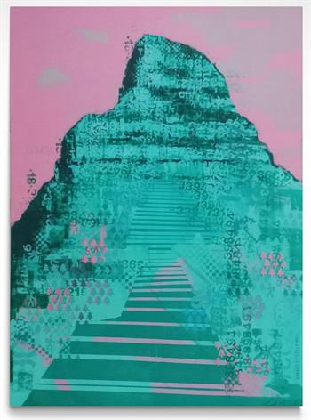 painting of Lion's Head mountain, Cape Town, in pink and green