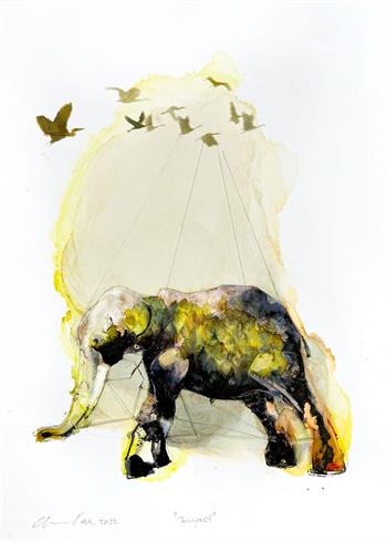 painting of an elephant suspended in the air by flock of birds