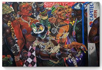 detailed painting of a loan shark and his victims by Kufa Makwavarara