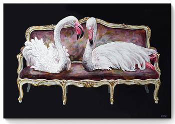 painting of two flamingos seated on French Louis XVI sofa