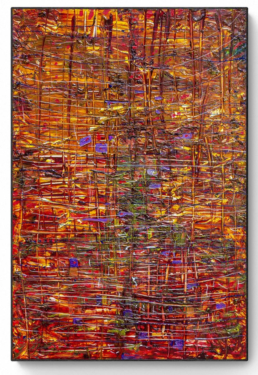 abstract painting in shades of orange with grid texture