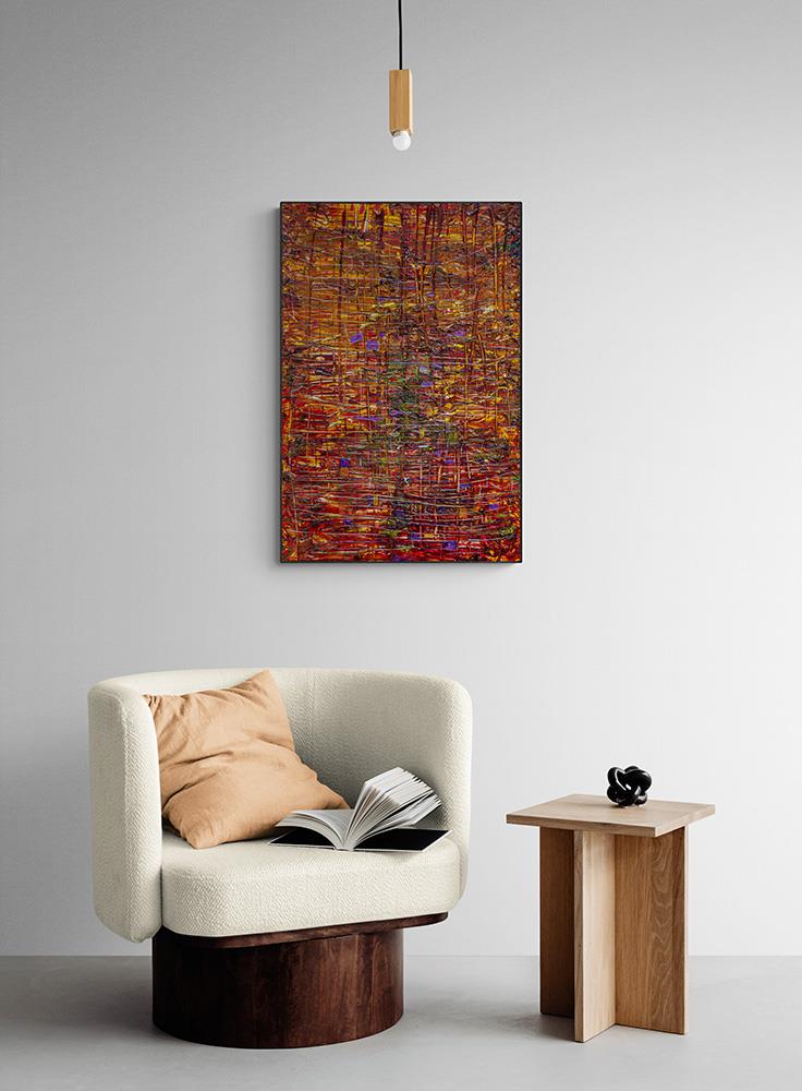 abstract painting in shades of orange with grid texture