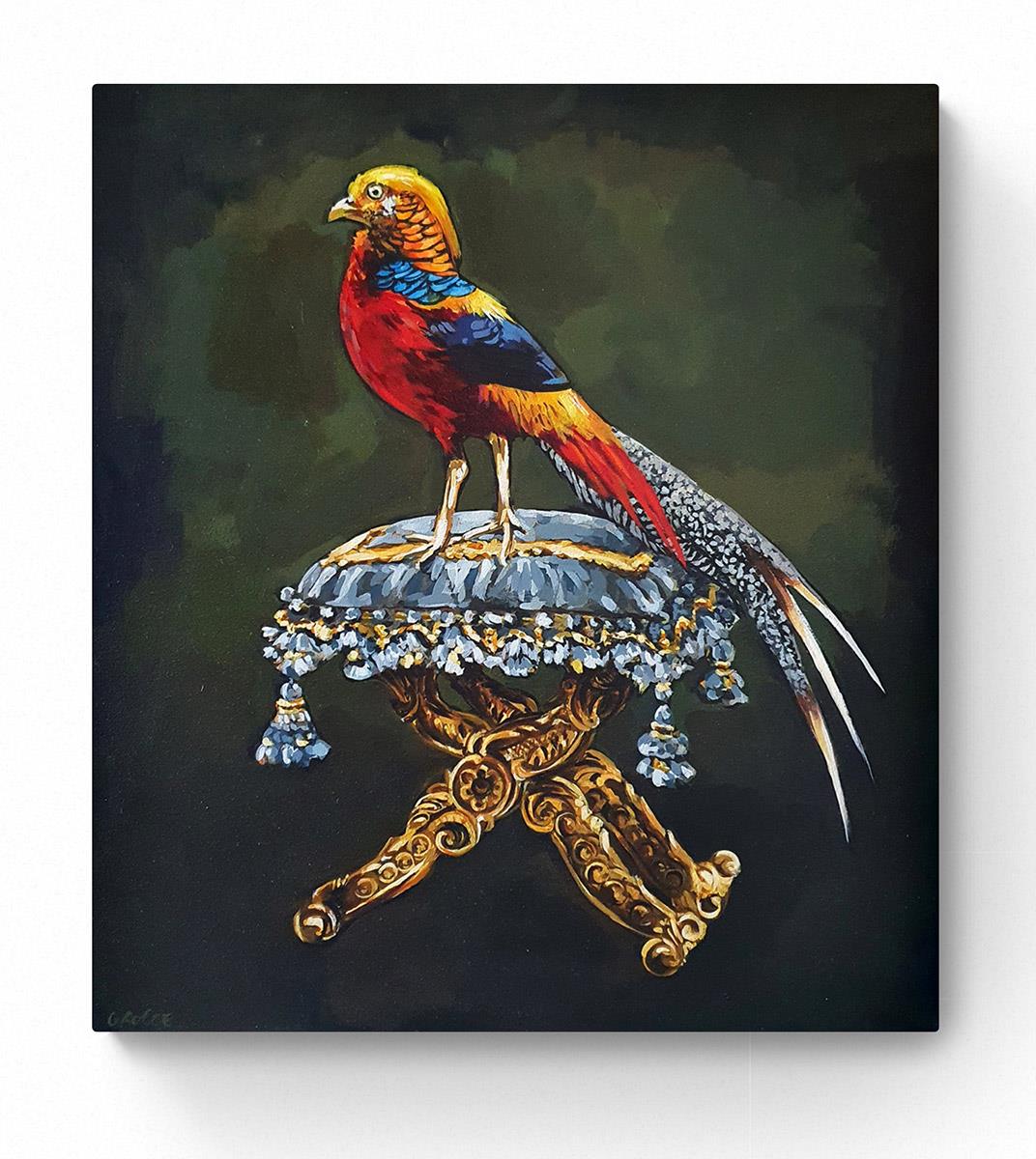 painting of a pheasant perched on ornate foot stool