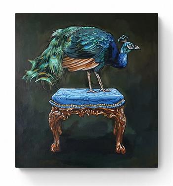 painting of a peacock perched on ornate stool