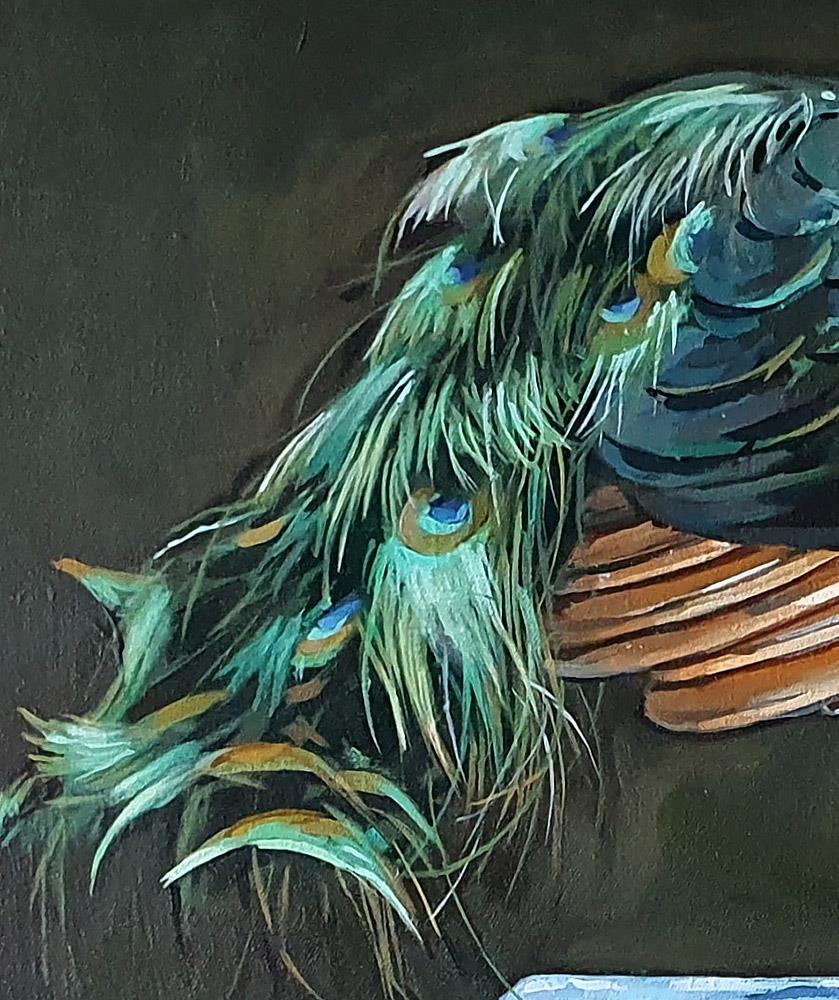 painting of a peacock perched on ornate stool