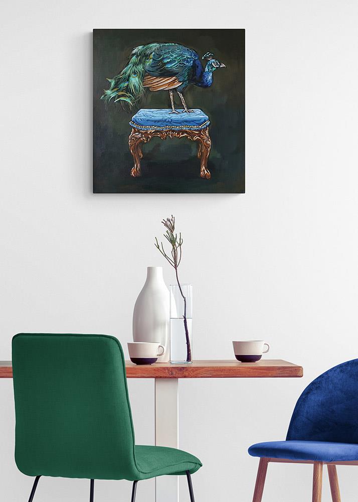 painting of a peacock perched on ornate stool