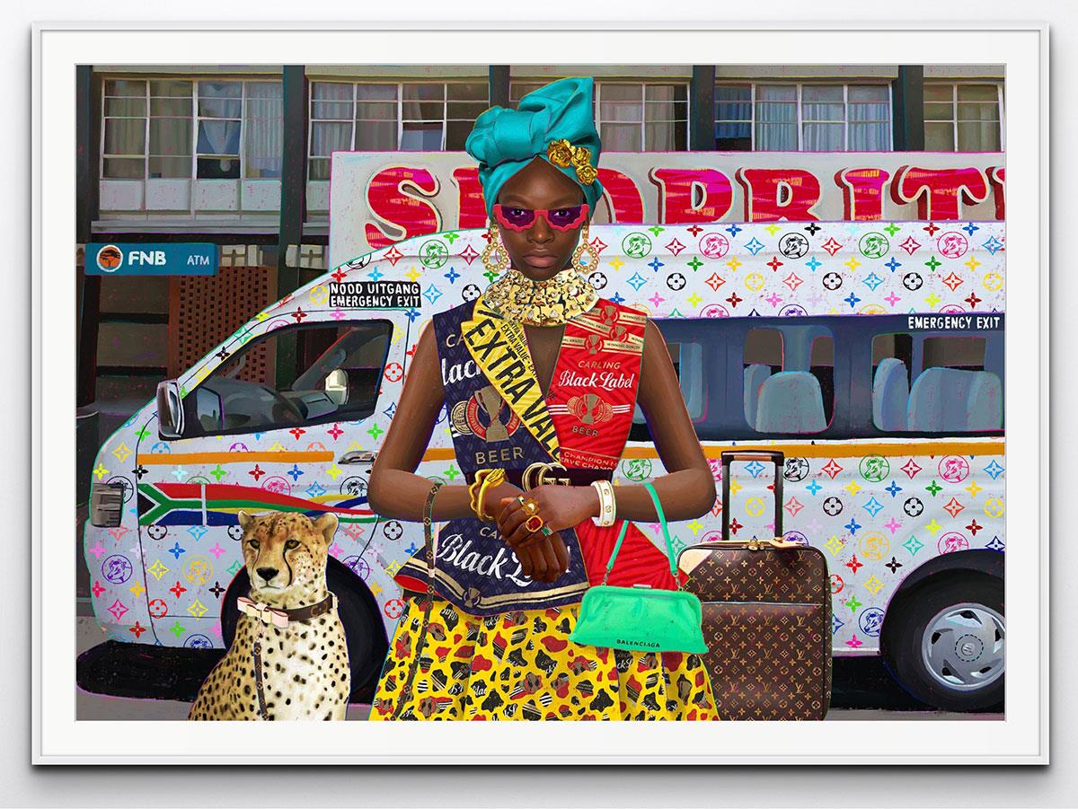 colourful artwork of a woman in African dress with pet cheetah