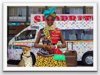 colourful artwork of a woman in African dress with pet cheetah