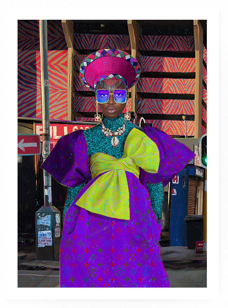 digital artwork of an African woman with Zulu headdress in purple dress