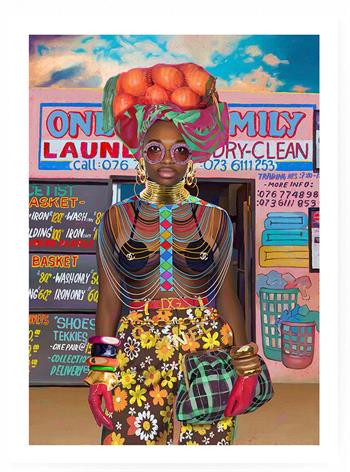 digital painting of an African woman carrying a bag of oranges on her head