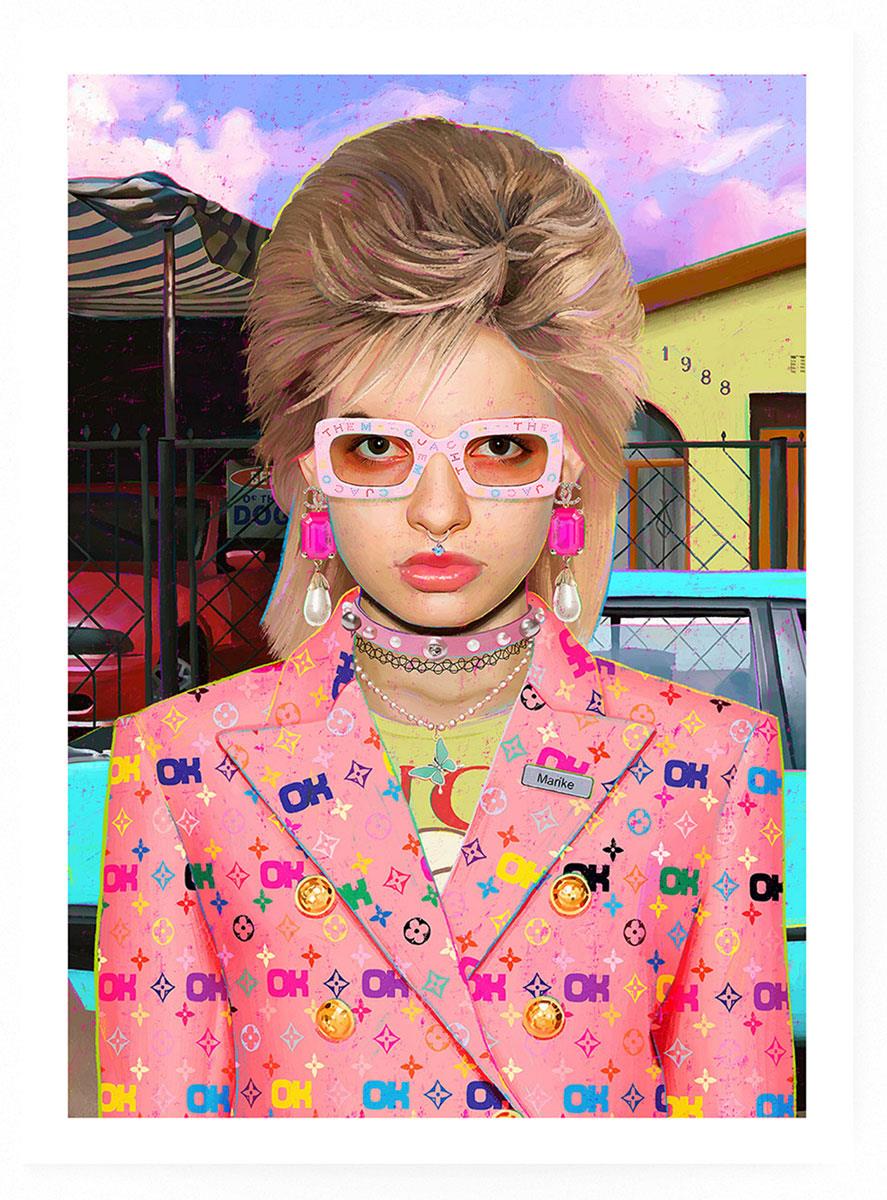 digital portrait of a young woman wearing glasses in pink suit