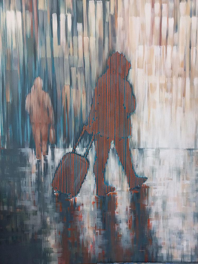 large oil painting with embroidery of travellers at an airport
