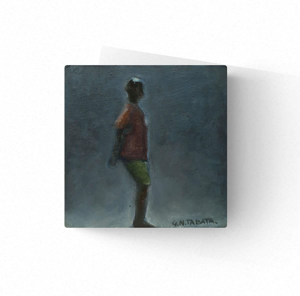 small oil painting of an African man in red shirt & green shorts
