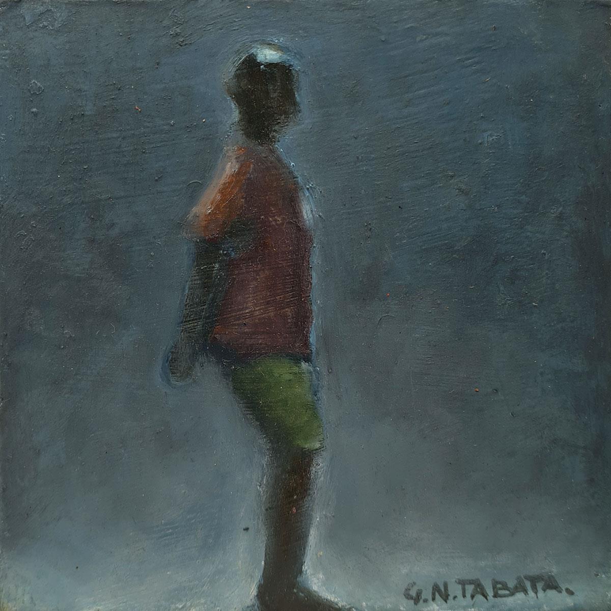 small oil painting of an African man in red shirt & green shorts
