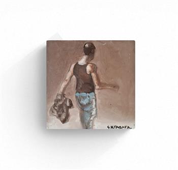 small sepia painting of a man holding a shirt in his hand