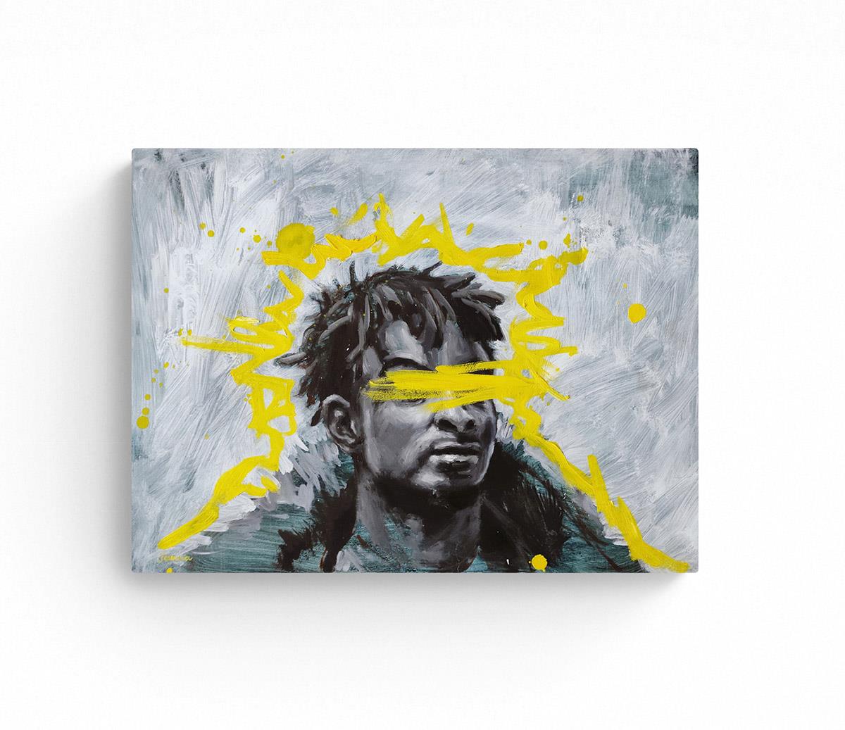 portrait painting with yellow graffiti tag