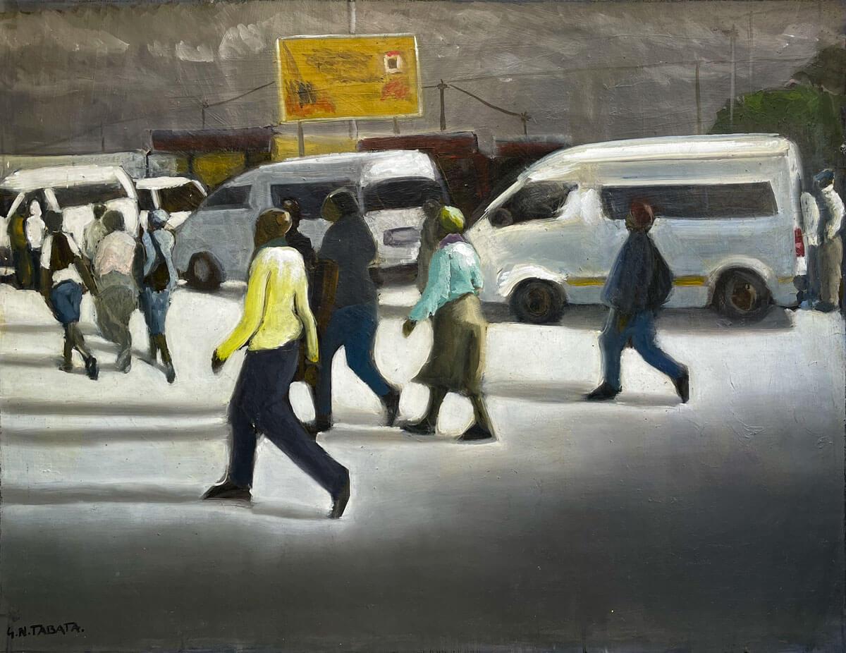 painting on paper of people at a taxi rank in Cape Town by Gerald Tabata