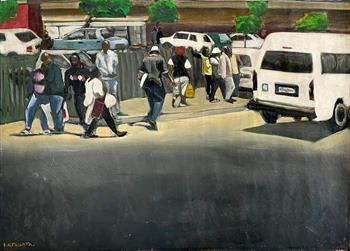 painting on paper of people at a taxi rank in Gugulethu, Cape Town