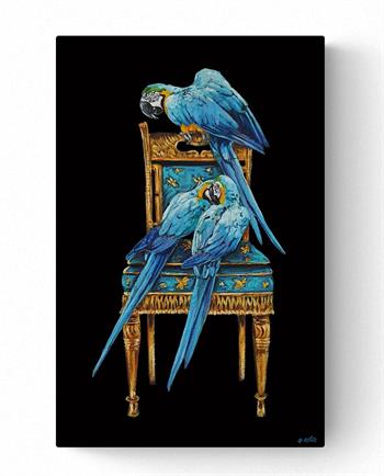 painting of blue parrots perched on an antique chair